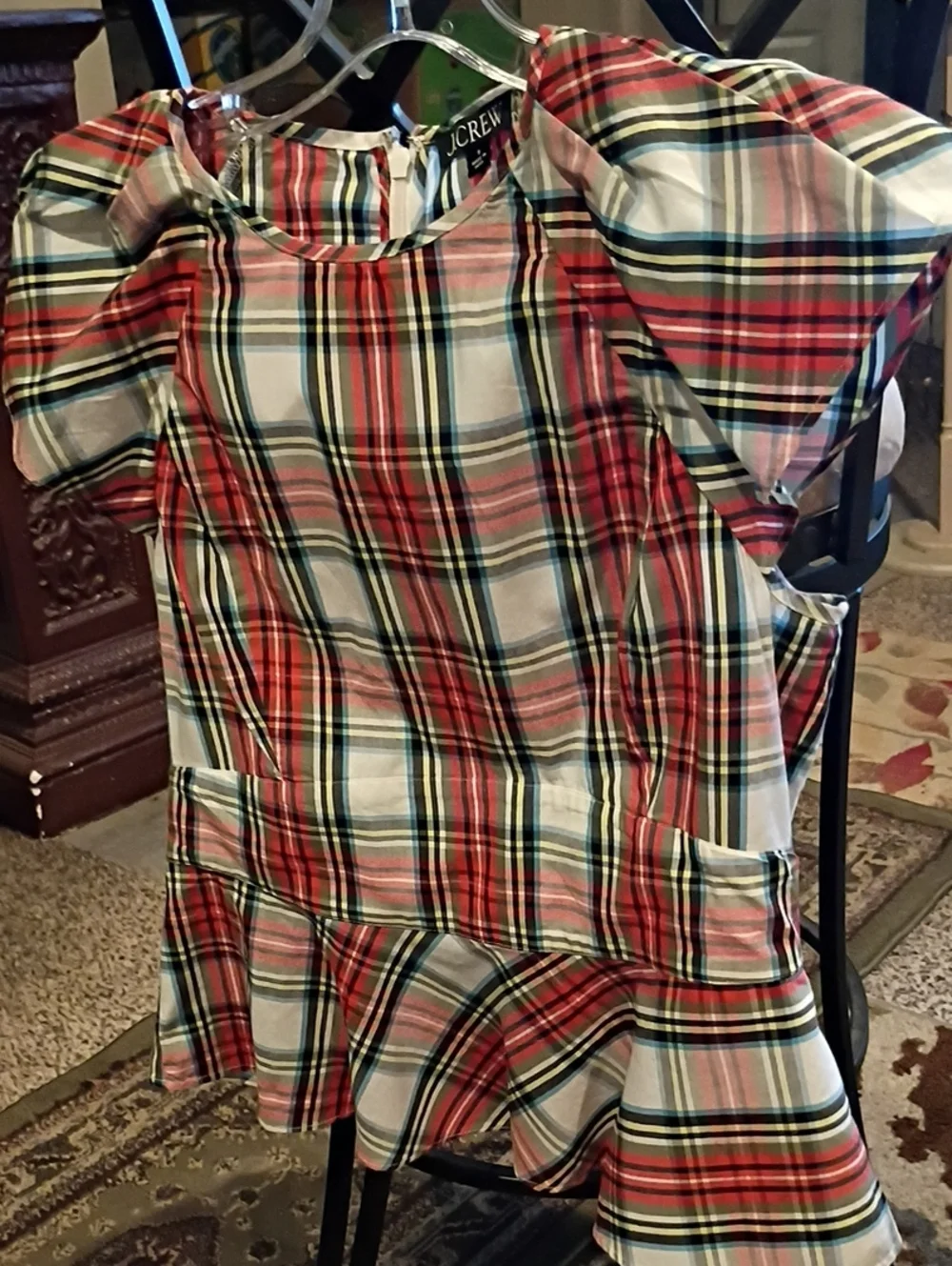 J. Crew Multicolor Plaid Blouse with Flared Hem